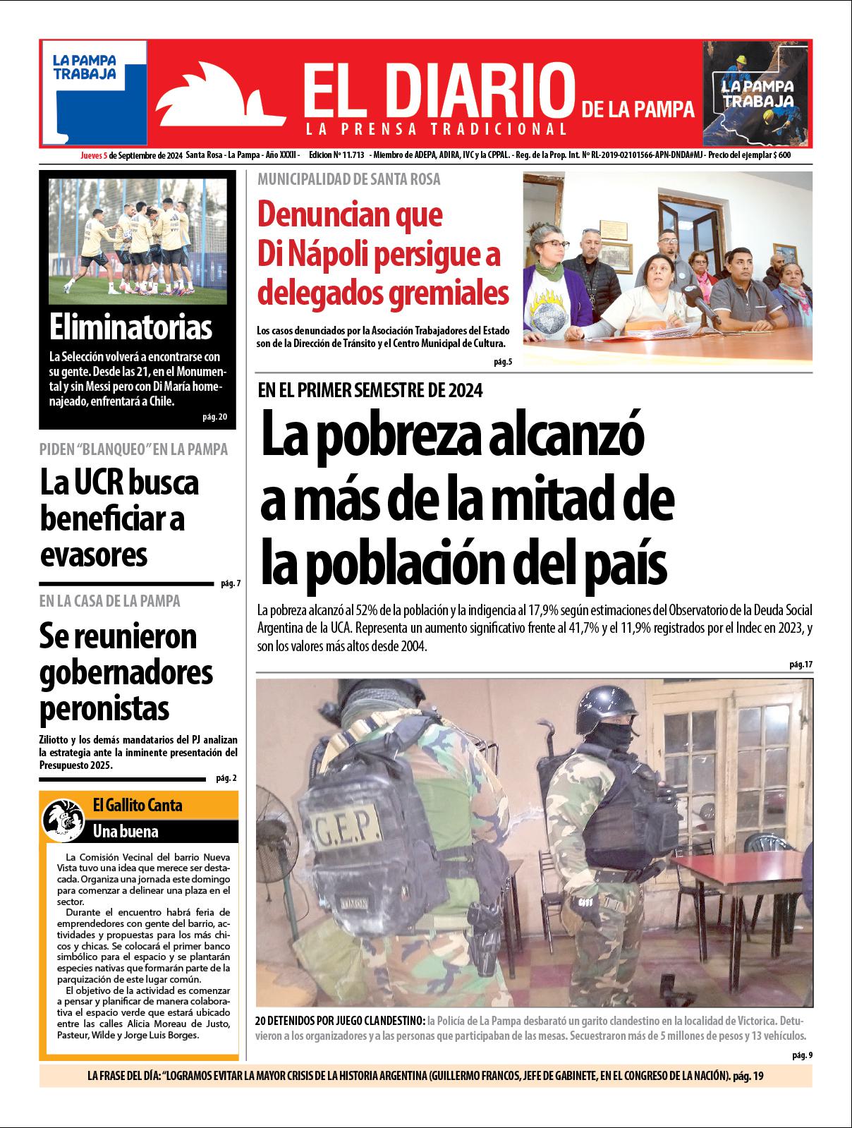 Tapa de El Diario en papel  jueves 05 de septiembre de 2024